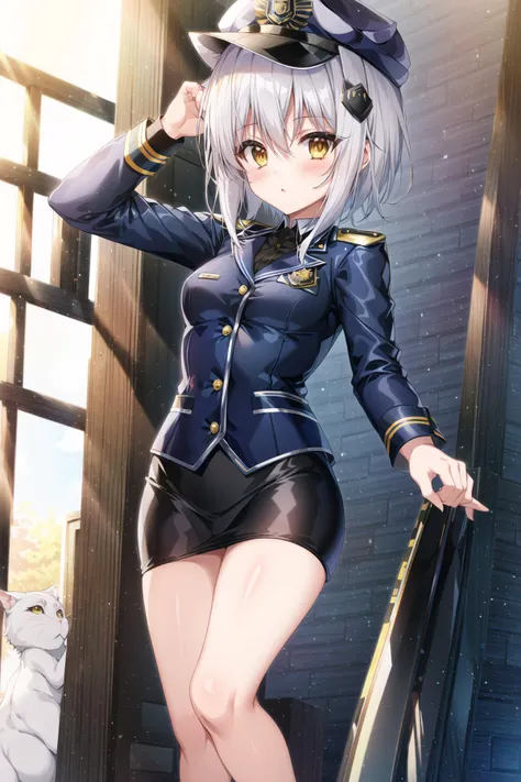 Koneko Toujou (DXD), 1girl, (police uniform), pencil skirt, white cat tail, short hair, police hat, dark blue outfit, policewoman, small breasts