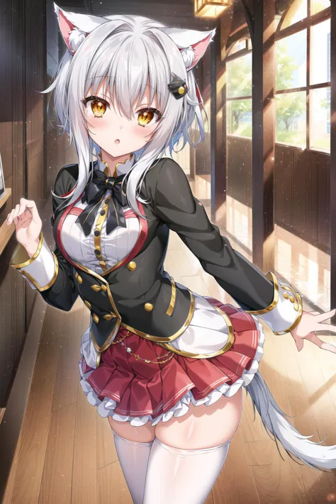 Koneko Toujou (DXD), 1girl, white cat ears, (classic uniform), white cat tail, school hallway, red skirt, small breasts, black ribbon