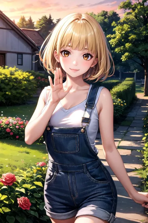 (masterpiece, best quality, detailed), 1girl, solo, looking at viewer,
<lora:MidorikawaHanaV8:0.9> midorikawa hana, overalls, overall shorts, bare shoulders, outdoors, garden, sunset, bush, waving, hand up, upper body, grass, flower, rose, house, flower pot, smile