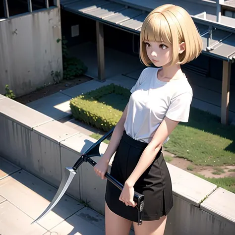 (masterpiece), midorikawa hana, bully, holding scythe on the school rooftop <lora:MidorikawaHanaV8:1>