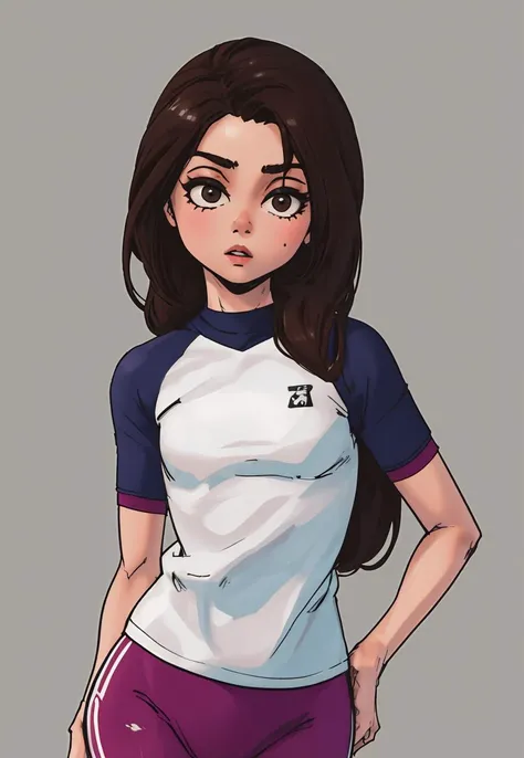 1girl, cowboy shot, long hair, solo, <lora:beautifulDetailedEyes_v10:1>, shirt, simple background, sexy, tall body:2, exercising, cute, small small breast, gym clothes <lora:phantom_ix_row:1>