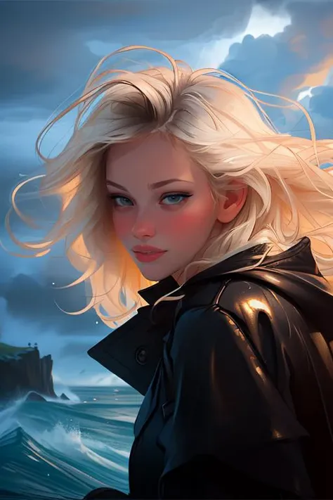A woman with blonde hair standing on a beach next to the ocean - SeaArt AI