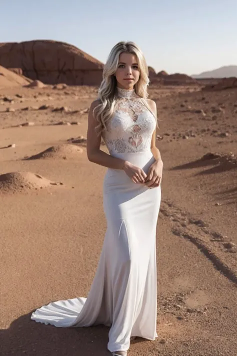photo of L1nds4yBr3w3r_HM-140, a woman, perfect hair, (modern photo), wearing high-neck long dress with a shawl, 28mm medium telephoto (analog, cinematic, film grain:1.3), Mars Habitat Prototype, Prototype habitat testing potential living conditions for Martian colonies., detailed eyes, professional pose, (epiCPhoto), (looking at viewer:1.1), (cinematic shot:1.3), (soft style lighting), OverallDetail, SkinHairDetail