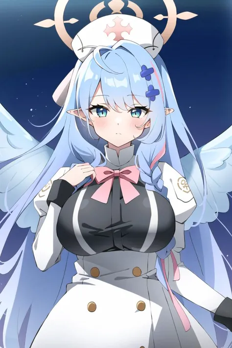 <lora:Aomori Mine:0.8>, (masterpiece, best quality:1), 1girl, solo, aomori mine, long hair,bangs, multicolored hair, halo, wings, nurse cap, breast, hair ornaments, pointy ears