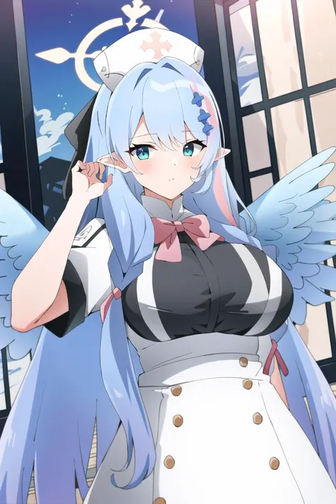 <lora:Aomori Mine:0.8>, (masterpiece, best quality:1), 1girl, solo, aomori mine, long hair,bangs, multicolored hair, halo, wings, nurse cap, , hair ornaments, pointy ears