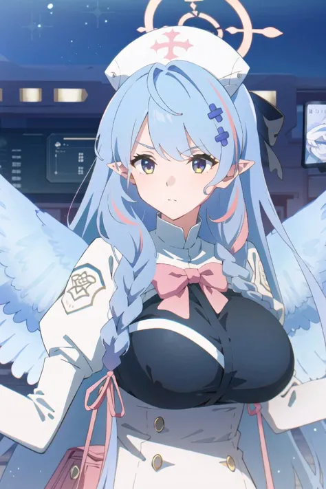 <lora:Aomori Mine:0.8>, (masterpiece, best quality:1), 1girl, solo, aomori mine, long hair,bangs, multicolored hair, halo, wings, nurse cap, , hair ornaments, pointy ears