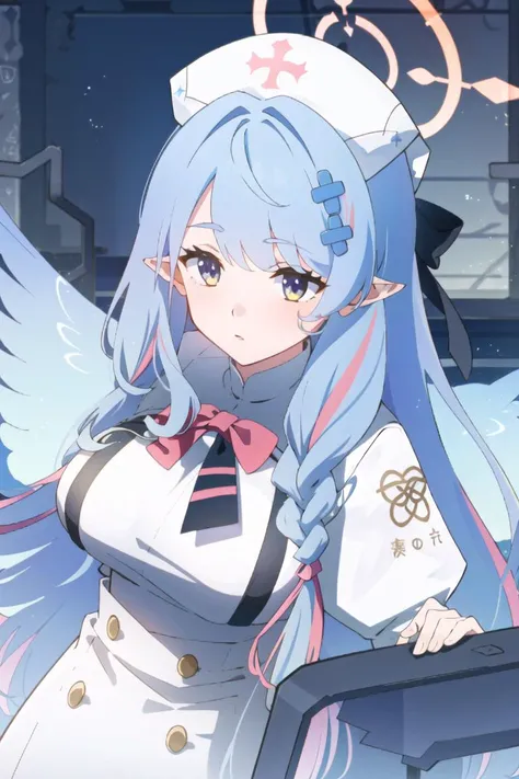 <lora:Aomori Mine:0.8>, (masterpiece, best quality:1), 1girl, solo, aomori mine, long hair,bangs, multicolored hair, halo, wings, nurse cap, breast, hair ornaments, pointy ears
