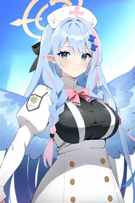 <lora:Aomori Mine:0.8>, (masterpiece, best quality:1), 1girl, solo, aomori mine, long hair,bangs, multicolored hair, halo, wings, nurse cap, , hair ornaments, pointy ears