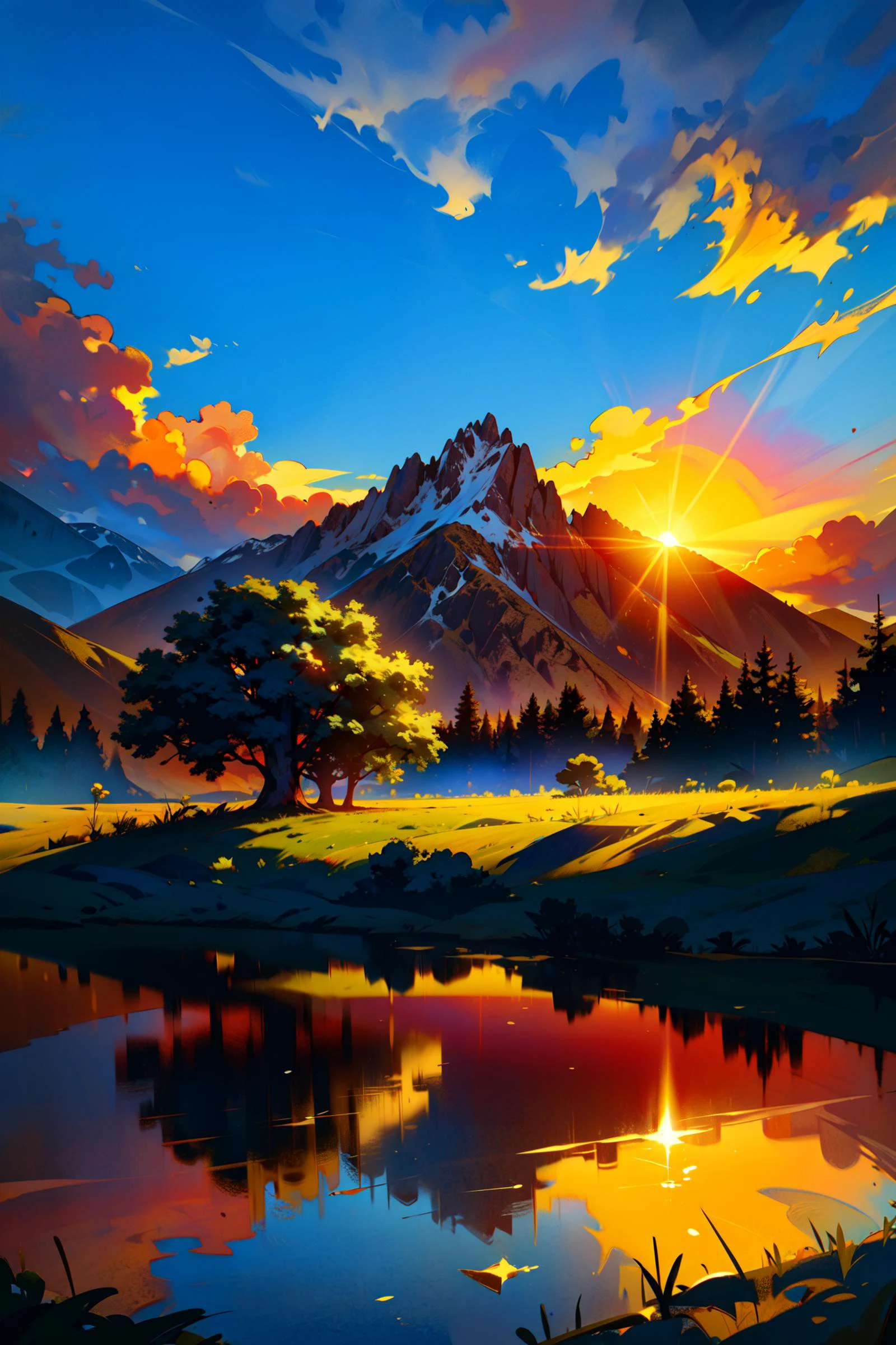 ((best quality, masterpiece, absurdres, super-resolution)) flowers, no humans, landscape, outdoors, tree, cloud, sky, sun, grass, sunset, water, sunlight, reflection, cloudy sky, nature, mountain, day, sky, red, yellow, blue, <lora:PRIMARY-CORE_v1.0:1>