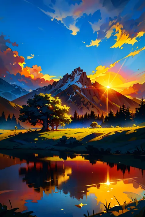 ((best quality, masterpiece, absurdres, super-resolution)) flowers, no humans, landscape, outdoors, tree, cloud, sky, sun, grass, sunset, water, sunlight, reflection, cloudy sky, nature, mountain, day, sky, red, yellow, blue,  <lora:PRIMARY-CORE_v1.0:1>