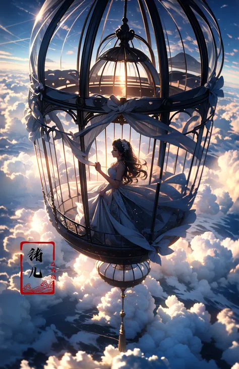 A beautiful woman with an angelic face on a hot air Huge birdcage, Huge birdcage drifts above above clouds, awed by the beauty below and, GoPro, motion blur, long exposure, full body, delicate features, high aesthetics and high art, immersed ina cinematic atmosphere, with an unreal portrait style, Paulina Washington, Chinese, realism, martial arts, Play light and shadow, Green light and shadow, Bauhaus photography, 28mm fantasy landscape, Camille Cloud, Selective focus, Panorama(Rainbow:1.3)
(dramatic, gritty, intense:1.4),masterpiece, best quality, 32k uhd, insane details, intricate details, hyperdetailed, hyper quality, high detail, ultra detailed, Masterpiece,
bridal veilwedding dress(BirdcageHuge birdcage:1.4)
<lora:~Q?-pltstage:0.8>