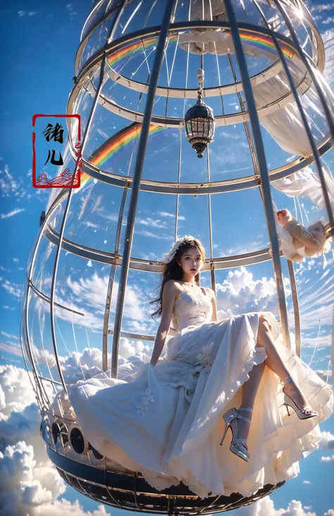 A beautiful woman with an angelic face on a hot air Huge birdcage, Huge birdcage drifts above above clouds, awed by the beauty below and, GoPro, motion blur, long exposure, full body, delicate features, high aesthetics and high art, immersed ina cinematic atmosphere, with an unreal portrait style, Paulina Washington, Chinese, realism, martial arts, Play light and shadow, Green light and shadow, Bauhaus photography, 28mm fantasy landscape, Camille Cloud, Selective focus, Panorama(Rainbow:1.6)
(dramatic, gritty, intense:1.4),masterpiece, best quality, 32k uhd, insane details, intricate details, hyperdetailed, hyper quality, high detail, ultra detailed, Masterpiece,
bridal veilwedding dress(BirdcageHuge birdcage:1.4)
<lora:~Q?-pltstage:0.8>