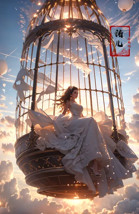 A beautiful woman with an angelic face on a hot air Huge birdcage, Huge birdcage drifts above above clouds, awed by the beauty below and, GoPro, motion blur, long exposure, full body, delicate features, high aesthetics and high art, immersed ina cinematic atmosphere, with an unreal portrait style, Paulina Washington, Chinese, realism, martial arts, Play light and shadow, Green light and shadow, Bauhaus photography, 28mm fantasy landscape, Camille Cloud, Selective focus, Panorama
(dramatic, gritty, intense:1.4),masterpiece, best quality, 32k uhd, insane details, intricate details, hyperdetailed, hyper quality, high detail, ultra detailed, Masterpiece,
bridal veilwedding dress(BirdcageHuge birdcage:1.4)
<lora:~Q?-pltstage:0.8>