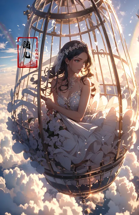 A beautiful woman with an angelic face on a hot air Huge birdcage, Huge birdcage drifts above above clouds, awed by the beauty below and, GoPro, motion blur, long exposure, full body, delicate features, high aesthetics and high art, immersed ina cinematic atmosphere, with an unreal portrait style, Paulina Washington, Chinese, realism, martial arts, Play light and shadow, Green light and shadow, Bauhaus photography, 28mm fantasy landscape, Camille Cloud, Selective focus, Panorama(Rainbow:1.6)
(dramatic, gritty, intense:1.4),masterpiece, best quality, 32k uhd, insane details, intricate details, hyperdetailed, hyper quality, high detail, ultra detailed, Masterpiece,
bridal veilwedding dress(BirdcageHuge birdcage:1.4)
<lora:~Q?-pltstage:0.8>