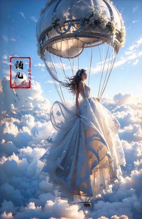 A beautiful woman with an angelic face on a hot air Huge birdcage, Huge birdcage drifts above above clouds, awed by the beauty below and, GoPro, motion blur, long exposure, full body, delicate features, high aesthetics and high art, immersed ina cinematic atmosphere, with an unreal portrait style, Paulina Washington, Chinese, realism, martial arts, Play light and shadow, Green light and shadow, Bauhaus photography, 28mm fantasy landscape, Camille Cloud, Selective focus, Panorama
(dramatic, gritty, intense:1.4),masterpiece, best quality, 32k uhd, insane details, intricate details, hyperdetailed, hyper quality, high detail, ultra detailed, Masterpiece,
bridal veilwedding dress
<lora:~Q?-pltstage:0.8>