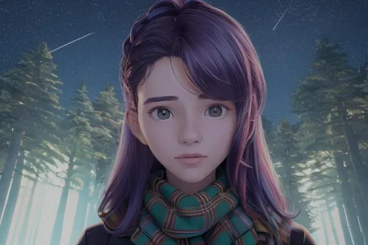 1girl, portrait, warm trees,close up of a Inviting Alessia surrounded by Aquarius constellation, Lob hairstyle, Medieval Tartan Scarf, Graphic novel, Light caustics, <lora:super-000007:0.8>