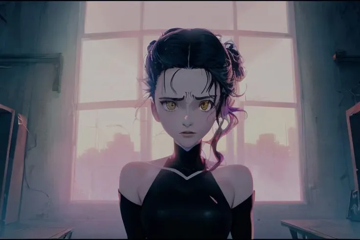 1girl, anime key visual, concept art, Potent (Bellatrix Lestrange:1.1) , war, a battle with lasers going on in the distance Writing poetry, wearing Israeli Cold-shoulder top, Melting Flower in hair, Buckles, Patches, Masterpiece, Hopeful, split lighting, F/2.8, extremely beautiful, <lora:super-000007:0.8>