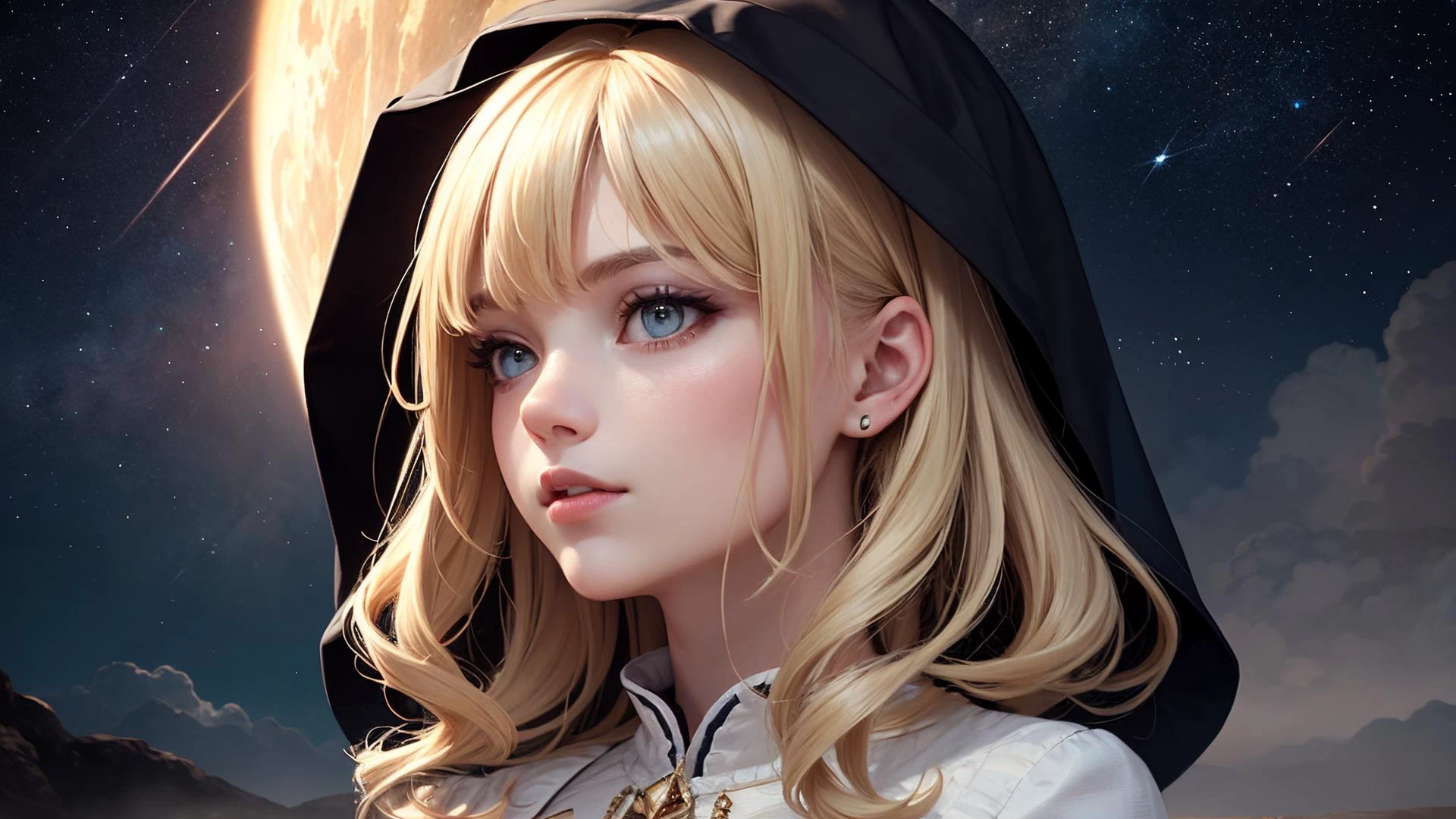 best quality, masterpiece, of a female, dressed as a Herbalist, with blonde hair, with a female Graceful half-up hairstyle with elegant curls and a beaded hair comb, wearing a hood, dutch angle, standing, In a dark abyss where stars are born and cosmic entities dwell,, realistic, concept art, cinematic, volumetric lighting, highly detailed, 8k with cat manx ultradetialed character with perfect face,detailed skin,(ultrasharp:1.3),(masterpiece:1.1),best quality AS-YoungV2,(photorealistic:1.2),ultrarealistic,realistic ultradetailed character,4k perfect quality,<lyco:GoodHands-beta2:1>Magnificent,Imperceptible detail,Intricately designed,