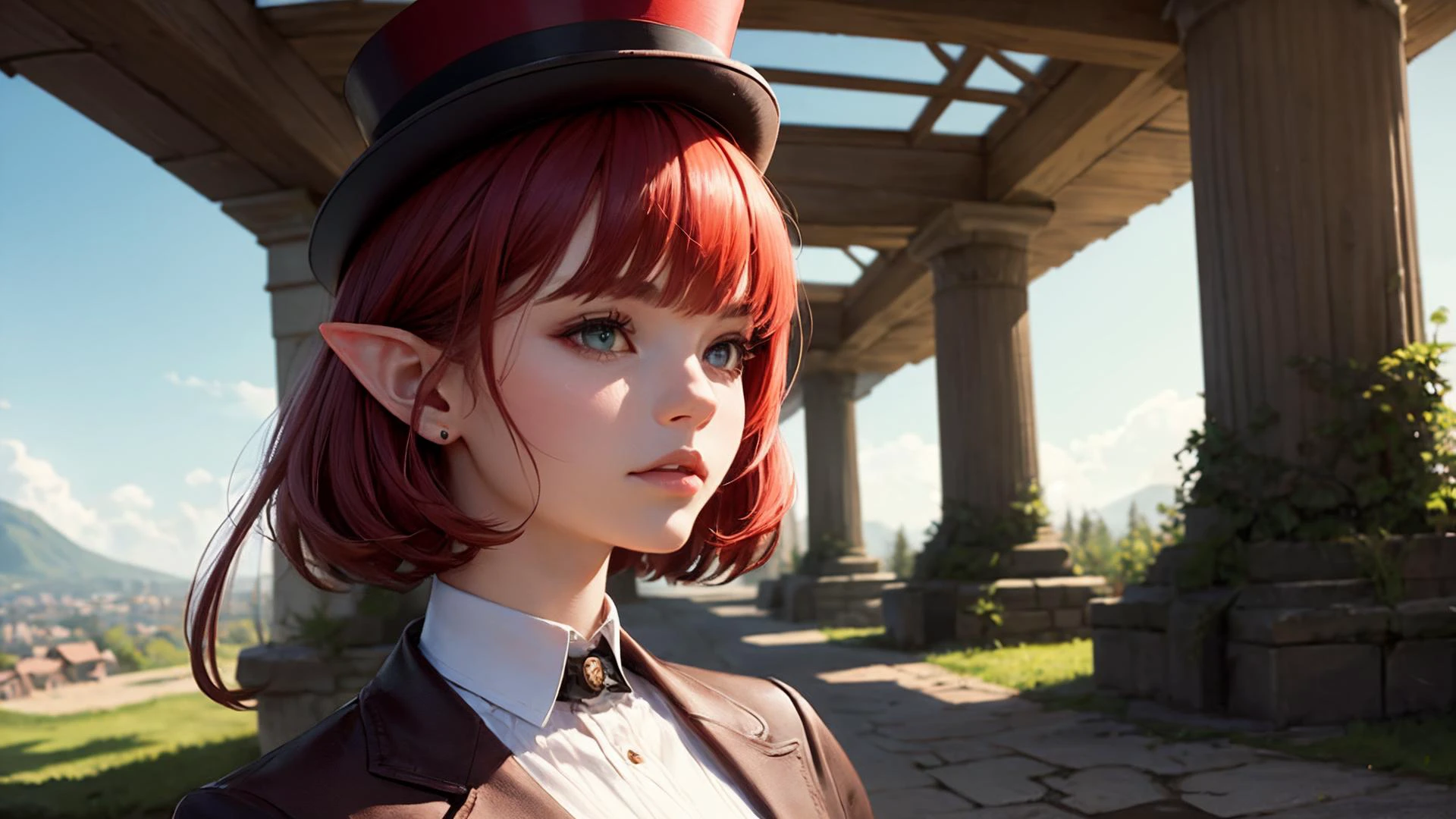 best quality, masterpiece, of a female, dressed as a Illusionist, with red hair, with a female Layered bob with choppy bangs hairstyle, wearing a top hat, close-up, standing, In a serene elven village nestled within a giant, ancient tree,, realistic, concept art, cinematic, volumetric lighting, highly detailed, 8k with cat british shorthair ultradetialed character with perfect face,detailed skin,(ultrasharp:1.3),(masterpiece:1.1),best quality AS-YoungV2,(photorealistic:1.2),ultrarealistic,realistic ultradetailed character,4k perfect quality,<lyco:GoodHands-beta2:1>Magnificent,Imperceptible detail,Intricately designed,