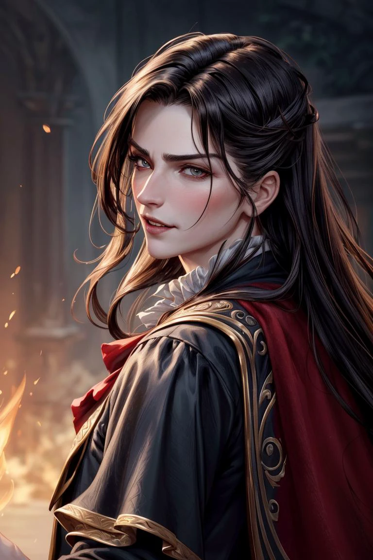 a profestional picutre of 1man, vampire lord with <lora:ARWDracula:0.7>draculacastlevania, man , Rogue's Tease: Behavior: The character holds up a stolen item with a smirk, their eyes daring anyone to challenge them. Their movements are swift and playful, a reminder of their skill in acquiring the unattainable., , camera angle from side and cowboy shot,
photorealism,unreal 5 daz,perfectly drawed hands,perfectly drawed face,perfect body,extremely detailed artgerm greg rutkowski greg,((ultrasharp)),((masterpiece)),((best quality)),((ultradetailed)),((intricated details)),ultradetailed character,detailed face,intricated face details,<lyco:GoodHands-beta2:1>,extremaly detailed background,perfectly detailed face,character focus,intricated details of face,fFaceDetail <lora:add_detail:0.7> ultra realistic,32k,RAW photo,(high detailed skin:1.2),8k uhd,dslr,soft lighting,high quality,film grain, beautiful and aesthetic,extremely detailed