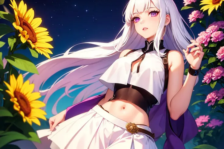 1girl, white hair, purple eyes, glowing eyes, crop top, skirt, parted lips, blush, night, flowers, sun, sunlight,