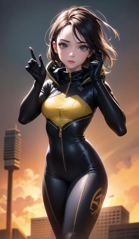 beautiful young woman in classic x-men superhero outfit ,hro, with glowing effects, yellow spandex bodysuit with hood and tinted skigoggles, blackleggings, glowing superhero emblem, gloves, striking a pose holding a nightstick, on a rooftop, city in background , ((slim, petite)), photorealistic, photo, masterpiece, realistic, realism, photorealism, high contrast, photorealistic digital art trending on Artstation 8k HD high definition detailed realistic, detailed, skin texture, hyper detailed, realistic skin texture, armature, best quality, ultra high res, (photorealistic:1.4),, high resolution, detailed, raw photo, sharp re, by lee jeffries nikon d850 film stock photograph 4 kodak portra 400 camera f1.6 lens rich colors hyper realistic lifelike texture dramatic lighting unrealengine trending on artstation cinestill 800, follynobodysd15:1