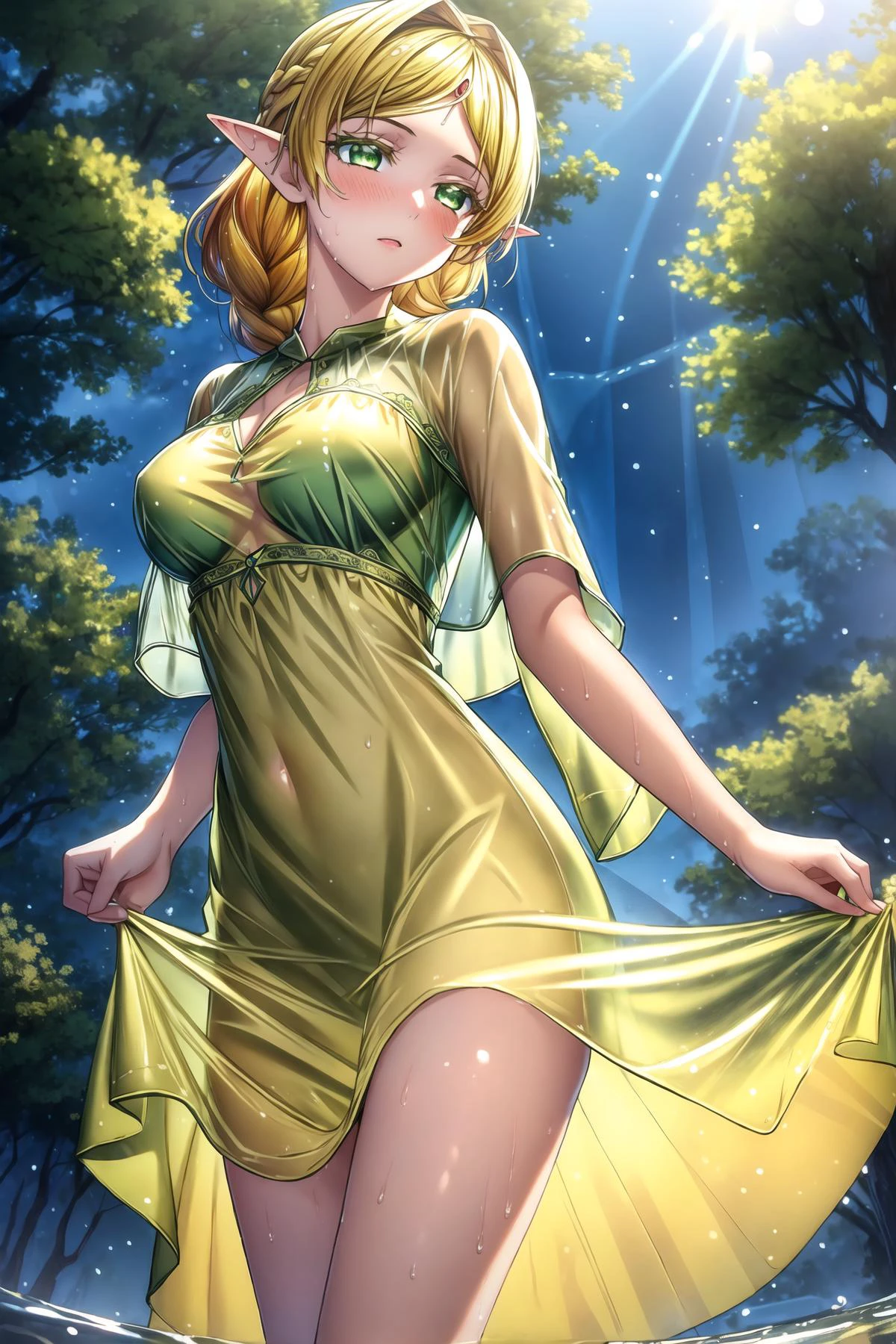 ((masterpiece)), ((best quality)), illustration, absurdres, 1girl, sole, SUI, elf ear, yellow hair, fascinating viewer, loose braid, (wet translucent green dress, detailedwetclothes, see- through:1.2), green eyes, medium breasts, focus sharp, enchanting expressionless, red jewelry hair accessories, detailed eyes description, outdoor, gymnastics dance, forest, shallow water, fantasy, hyper detailed. <lora:Sui_yesmix:0.7> <lora:add_detail:1>