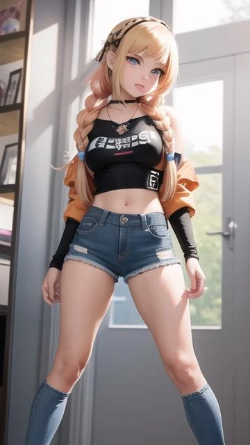 sci-fifrom behind, (masterpiece, best_quality, ultra-detailed, immaculate:1.3), epic, illustration, pastel punk bad girl, 1girl, cute, full body, cameltoe, [:sexy costume design,:0.2], official art, , punk hair, light peach hair, Emo Cut, studio deep red-orange lighting from below, torn denim skirt, in Gondor, bombshell hair, blonde hair, Feather Braid,