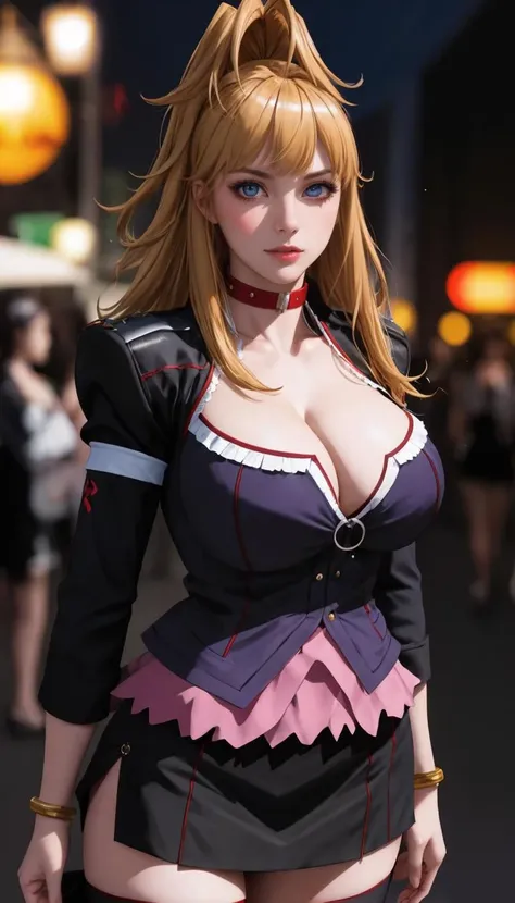 ANIME_dress_ownwaifu,www.ownwaifu.com,long hair,breasts,large breasts,cleavage,blonde hair,blue eyes,bracelet,choker,long sleeves,ponytail,puffy sleeves,sidelocks,thighhighs,bangs,uniform,frills,jacket,skirt,very long hair,lipstick,shoulder armor,collar,dress,makeup,
<lora:ANIME_mizuki_tachibana_ownwaifu:0.8>, official art,extremely detailed CG unity 8k wallpaper, perfect lighting,Colorful, Bright_Front_face_Lighting,shiny skin, (masterpiece:1.0),(best_quality:1.0), ultra high res,4K,ultra-detailed, photography, 8K, HDR, highres, (absurdres:1.2), Kodak portra 400, film grain, blurry background, (bokeh:1.2), lens flare, (vibrant_color:1.2),professional photograph, (beautiful_face:1.5),