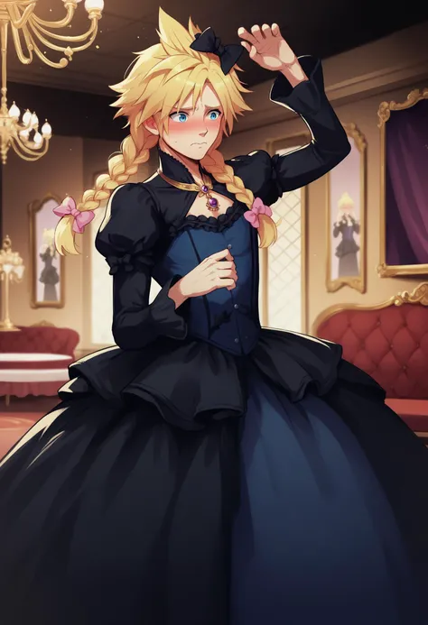 score_9, score_8_up, score_7_up, source_anime BREAK androgynous, solo, <lora:cloudstrife-pdxl-nvwls-v1:0.8> dressCloud, crossdressing, blonde hair, twin braids, hair bow, frilled dress, black dress, puffy sleeves, long sleeves, long dress, indoors, blush, embarrassed, shy, royal, gala, ballroom, chandelier, dancing