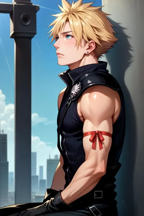 score_9, score_8_up, score_7_up, score_6_up, source_anime, photorealistic, 1boy, male focus, solo BREAK  <lora:cloudstrife-pdxl-nvwls-v1-000006:0.9> acCloud, blonde hair, single earring, high collar, black shirt, single shoulder pad, harness, arm ribbon, black gloves, black pants, from side, looking up, city, sitting