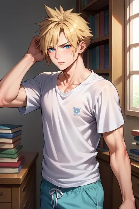 score_9, score_8_up, score_7_up, score_6_up, source_anime, 1boy, male focus, solo BREAK <lora:cloudstrife-pdxl-nvwls-v1-000006:0.9> defCloud, blonde hair, single earring, black t-shirt, loose clothes, pajama pants, bedroom, bookshelf, looking at viewer, tired
