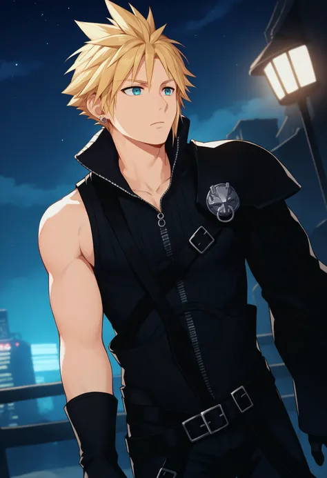 score_9, score_8_up, score_7_up, source_anime BREAK 1boy, solo, male focus, <lora:cloudstrife-pdxl-nvwls-v1:0.8> acCloud, blonde hair, single earring, high collar, black shirt, single shoulder pad, harness, single sleeve, black gloves, black pants, outdoors, science fiction, dark, darkness, night, night sky