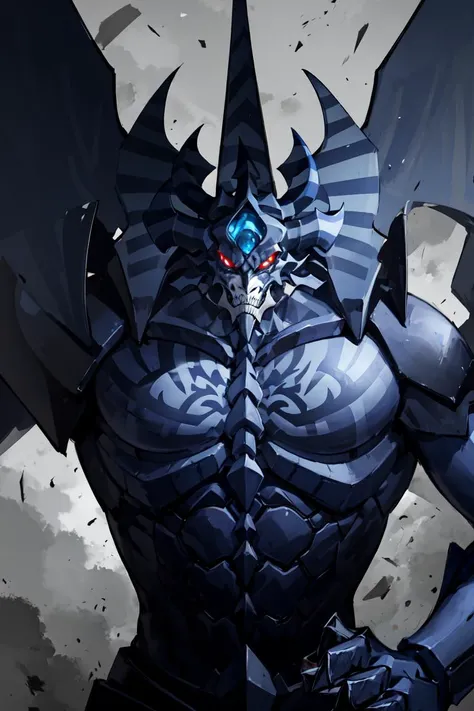 <lora:Obelisk_YGO-10>, obelisk_ygo, 1boy, wings, helmet, sharp teeth, claws, monster, digimon (creature), face, close up, glowing eyes