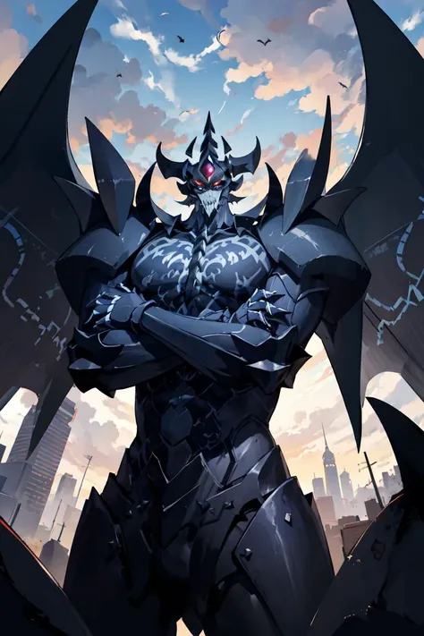 <lora:Obelisk_YGO-10>, obelisk_ygo, 1boy, wings, helmet, sharp teeth, claws, monster, digimon (creature), arms crossed, from below, city, clouded skies, cloud spiral, cloudy, crossed arms, upper body, foreshortening