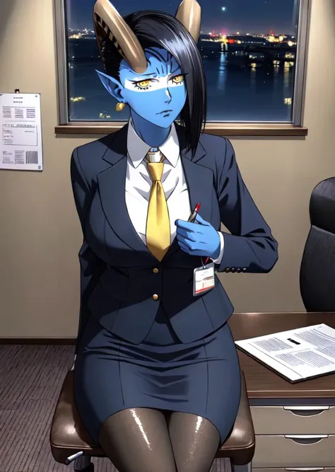 (masterpiece, high quality,shiny skin:1.2) ,vivid color,<lora:more_details:0.2>, <lora:GoodHands-beta2:1>,1girl,large breasts,<lora:zs_Cybele:1>,cybelesmt, colored skin, blue skin, black hair, long hair, horns, pointy ears, yellow eyes,(office lady:1.2),business suit,jacket,collared shirt,pencil skirt,pantyhose,<lyco:WomanBusinessSuit_v10:1.0>, lanyard, necktie, id card,sitting, desk, paperwork,Office work, laptop,chair,sad expression,office,(night:1.2)