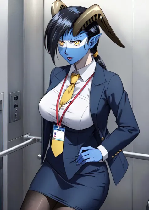 (masterpiece, high quality,shiny skin:1.2) ,vivid color,<lora:more_details:0.2>, <lora:GoodHands-beta2:1>,1girl,large breasts,<lora:zs_Cybele:1>,cybelesmt, colored skin, blue skin, black hair, long hair, horns, pointy ears, yellow eyes,(office lady:1.2),business suit,jacket,collared shirt,pencil skirt,pantyhose,<lyco:WomanBusinessSuit_v10:1.0>, lanyard, necktie, id card,annoyed, serious,elevator <lyco:elevator_v0.4-locon-000007:1.0>