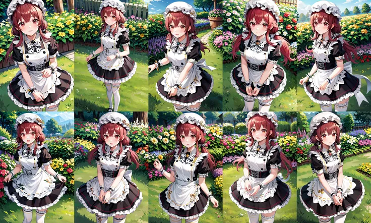 masterpiece, best quality, highres, aakaho, long hair, low twintails, hat, mob cap, white bow, polka dot, maid, frilled dress, black dress, puffy short sleeves, wrist cuffs, maid apron, white apron, frilled thighhighs, <lora:komiya_kaho_v1:0.7>, garden, outdoors, standing, cowboy shot,