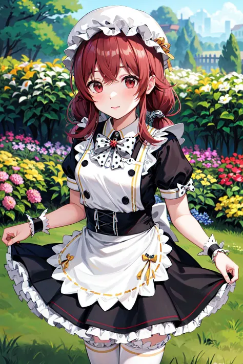 masterpiece, best quality, highres, aakaho, long hair, low twintails, hat, mob cap, white bow, polka dot, maid, frilled dress, black dress, puffy short sleeves, wrist cuffs, maid apron, white apron, frilled thighhighs, <lora:komiya_kaho_v1:0.7>, garden, outdoors, standing, cowboy shot,