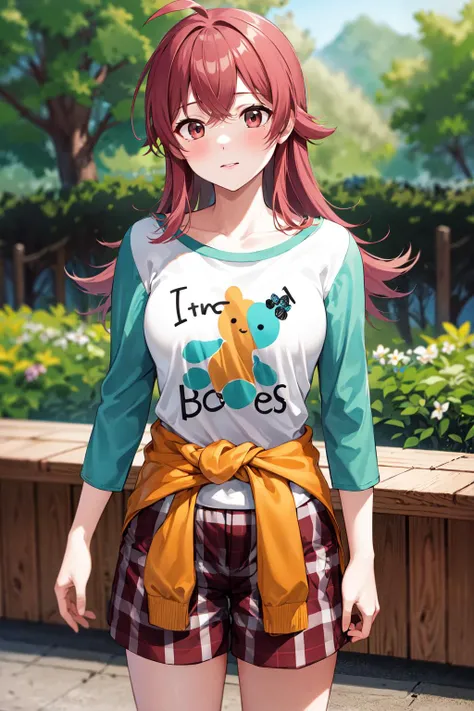 masterpiece, best quality, highres, aakaho, long hair, ahoge, collarbone, print shirt, white shirt, raglan sleeves, clothes around waist, plaid shorts, <lora:komiya_kaho_v1:0.7>, outdoors, standing, cowboy shot