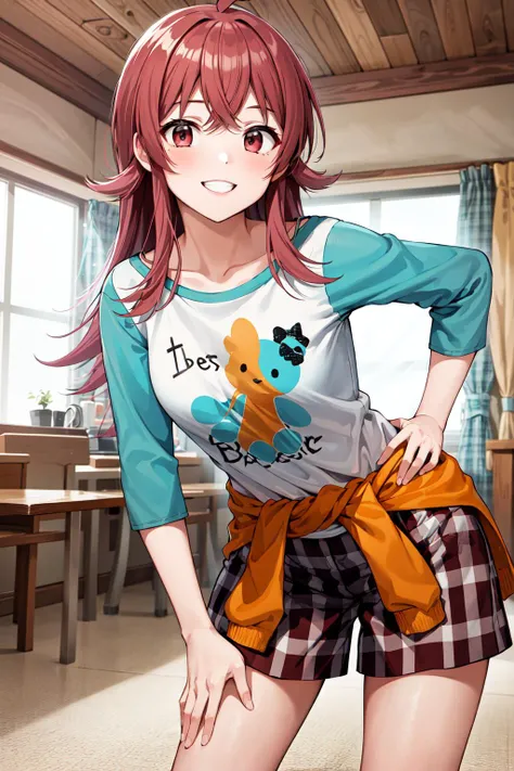 masterpiece, best quality, highres, aakaho, long hair, ahoge, collarbone, print shirt, white shirt, raglan sleeves, clothes around waist, plaid shorts, <lora:komiya_kaho_v1:0.7>, hand on hip, smile, indoors, leaning forward,