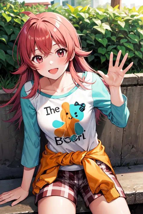masterpiece, best quality, highres, aakaho, long hair, ahoge, collarbone, print shirt, white shirt, raglan sleeves, clothes around waist, plaid shorts, <lora:komiya_kaho_v1:0.7>, smile, waving, leaning back, wall, outdoors