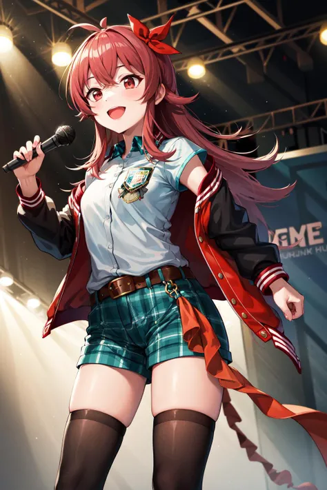masterpiece, best quality, highres, aakaho, long hair, ahoge, hair ribbon, red ribbon, letterman jacket, long sleeves, armband, open jacket, collared shirt, grey shirt, red belt, green shorts, plaid, black thighhighs, <lora:komiya_kaho_v1:0.7>, smile, stage, cowboy shot, standing