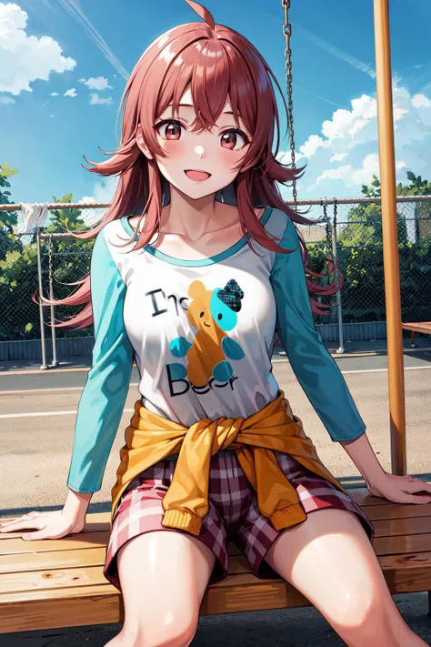 masterpiece, best quality, highres, aakaho, long hair, ahoge, collarbone, print shirt, white shirt, raglan sleeves, clothes around waist, plaid shorts, <lora:komiya_kaho_v1:0.7>, playground, swing, sitting, smile,