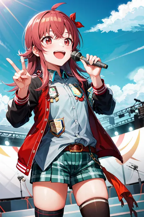 masterpiece, best quality, highres, aakaho, long hair, ahoge, hair ribbon, red ribbon, letterman jacket, long sleeves, armband, open jacket, collared shirt, grey shirt, red belt, green shorts, plaid, black thighhighs, <lora:komiya_kaho_v1:0.7>, holding microphone, stage, blue sky, outdoors, smile, open mouth,
