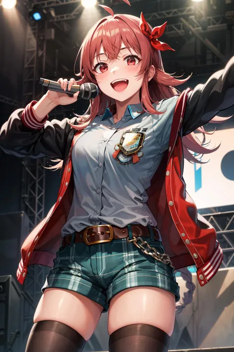 masterpiece, best quality, highres, aakaho, long hair, ahoge, hair ribbon, red ribbon, letterman jacket, long sleeves, armband, open jacket, collared shirt, grey shirt, red belt, green shorts, plaid, black thighhighs, <lora:komiya_kaho_v1:0.7>, holding microphone, stage, blue sky, outdoors, smile, open mouth,