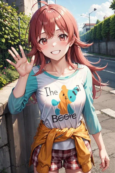 masterpiece, best quality, highres, aakaho, long hair, ahoge, collarbone, print shirt, white shirt, raglan sleeves, clothes around waist, plaid shorts, <lora:komiya_kaho_v1:0.7>, smile, waving, leaning back, wall, outdoors