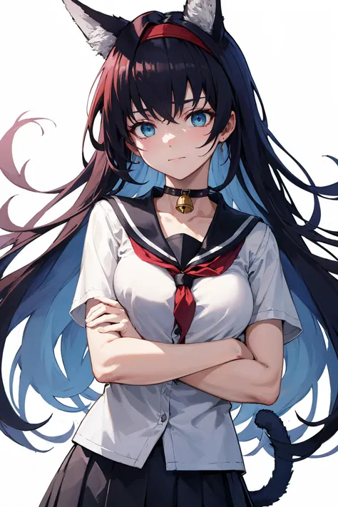 <lora:blaze:0.8> blaze, long hair, animal ears, red hairband, cat tail, blue eyes, black hair, sailor collar, bell choker, school uniform, white shirt, pleated skirt, with folded arms, (frustrated:1.05), masterpiece, best quality, highres, <lora:GoodHands-vanilla:1> nice hands, perfect hands