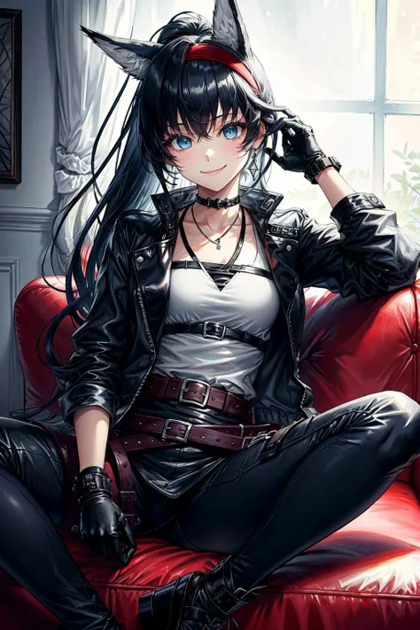 <lora:blaze:1>, blaze, 1girl, long hair, animal ears, blue eyes, black hair, red hairband, black jacket,leather jacket,jacket, belt , gloves, ponytail, focus,smile,leather leggings,black leggings, latex legwear,full body, sitting,sofa,
<lora:more_details:0.4>