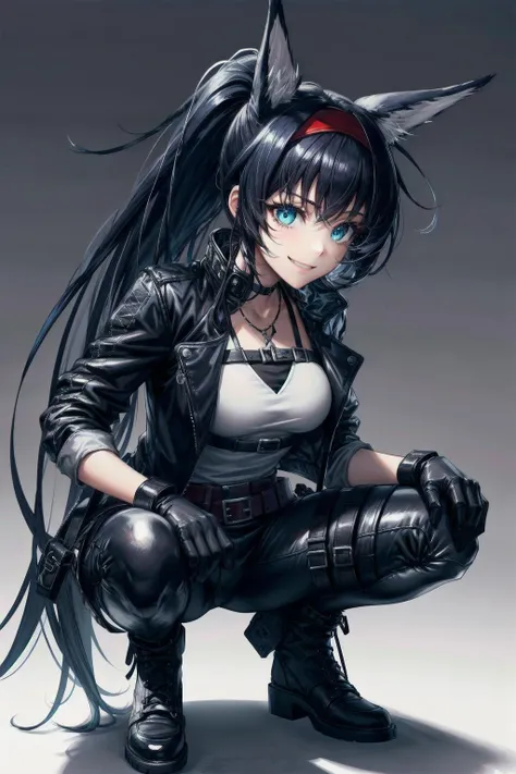 <lora:blaze:1>, blaze, 1girl, long hair, animal ears, blue eyes, black hair, red hairband, black jacket,leather jacket,jacket, belt , gloves, ponytail, focus,smile,leather leggings,black leggings, latex legwear,full body, squatting cowgirl position,latex bodysuit, bodysuit, black bodysuit, impossible bodysuit,
<lora:more_details:0.4>